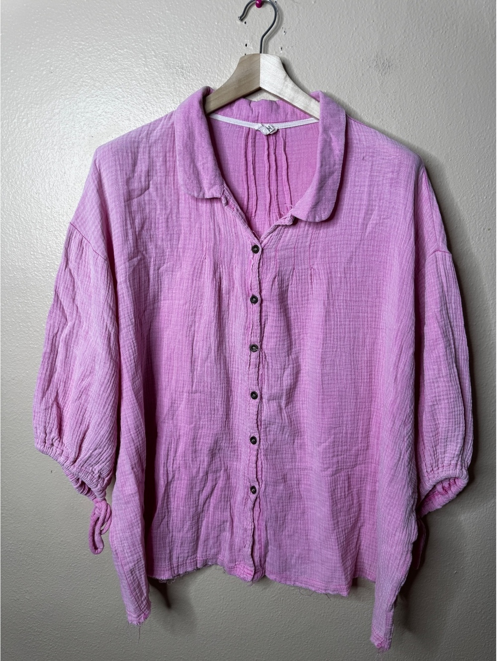 POL Womens L Pink Cotton Gauze Button Up Shirt Tie Sleeve Oversized Boho
